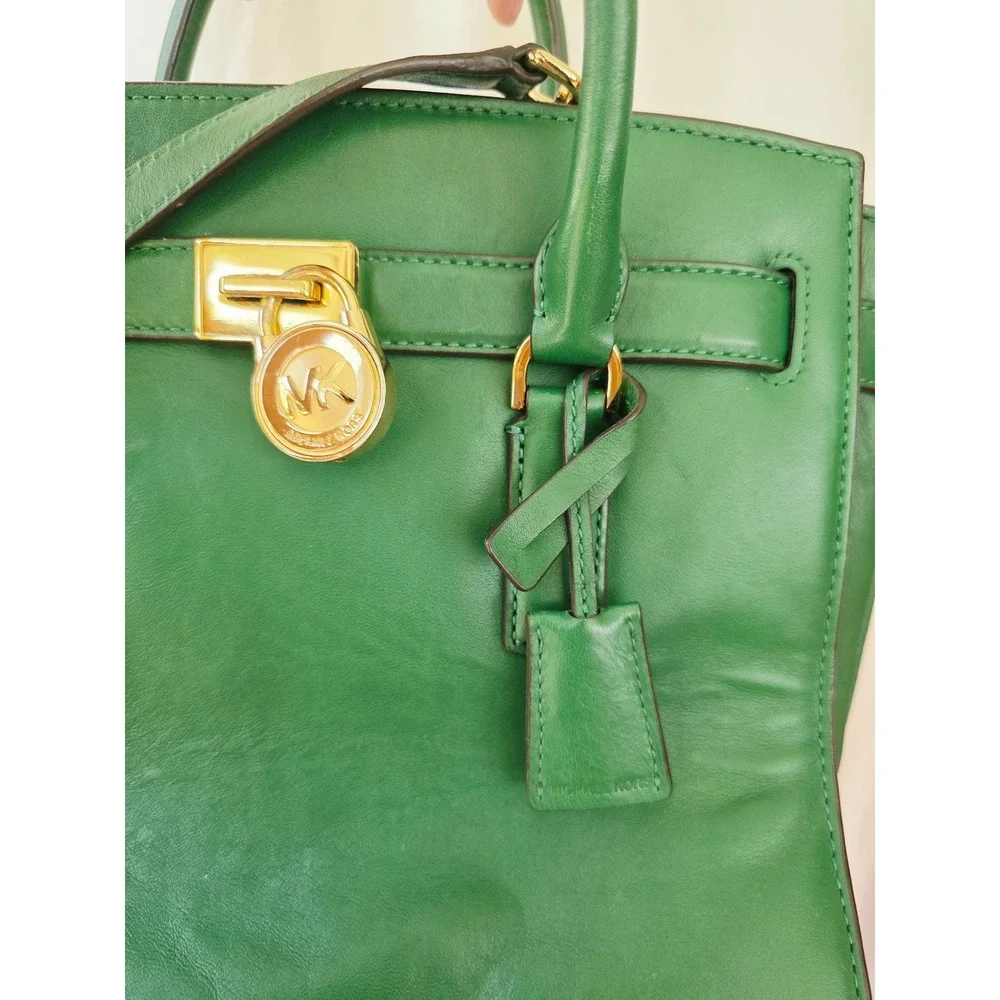 Michael Kors Hamilton Green Leather Satchel Gold Padlock Handbag Excellent